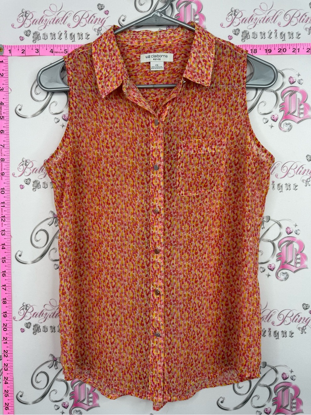 Liz Claiborne Sleeveless Button-Down Blouse in Coral, Pink and Yellow Print